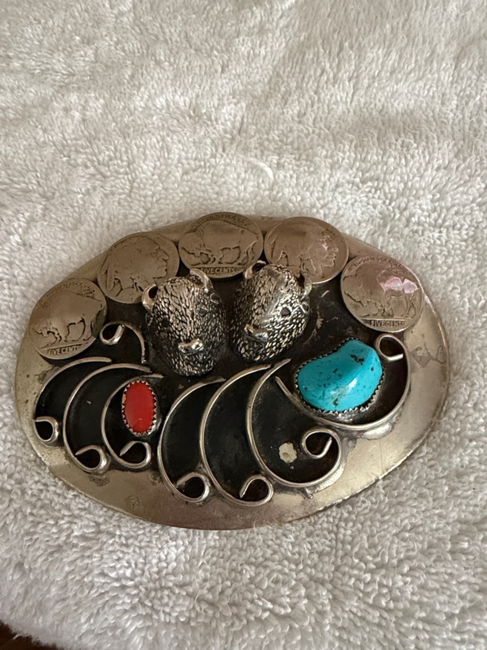 Navajo Buffalo Belt Buckle Nickle Silver Gemstone Handmade Native American